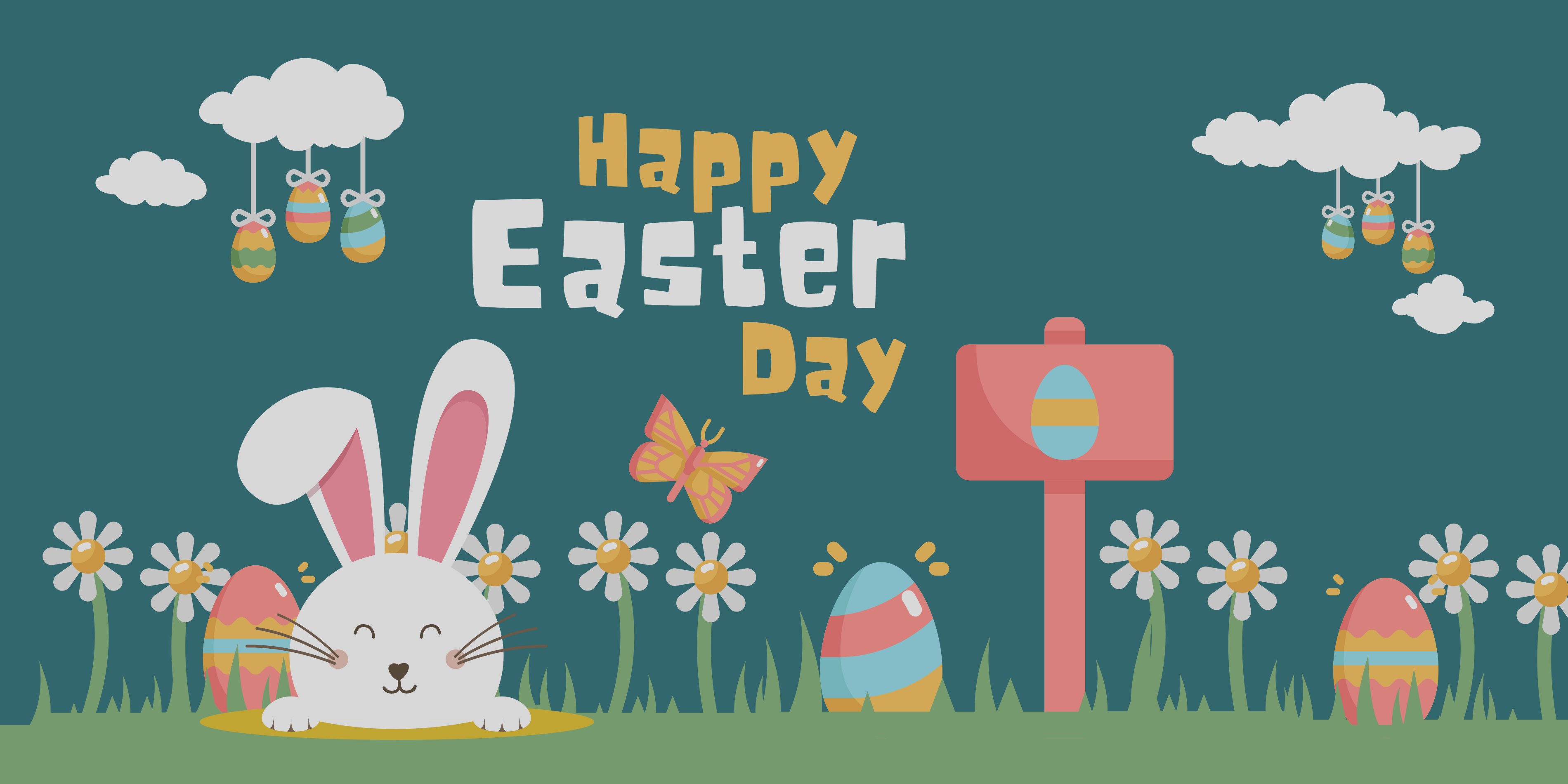 Happy Easter Day Image with bunnies and eggs