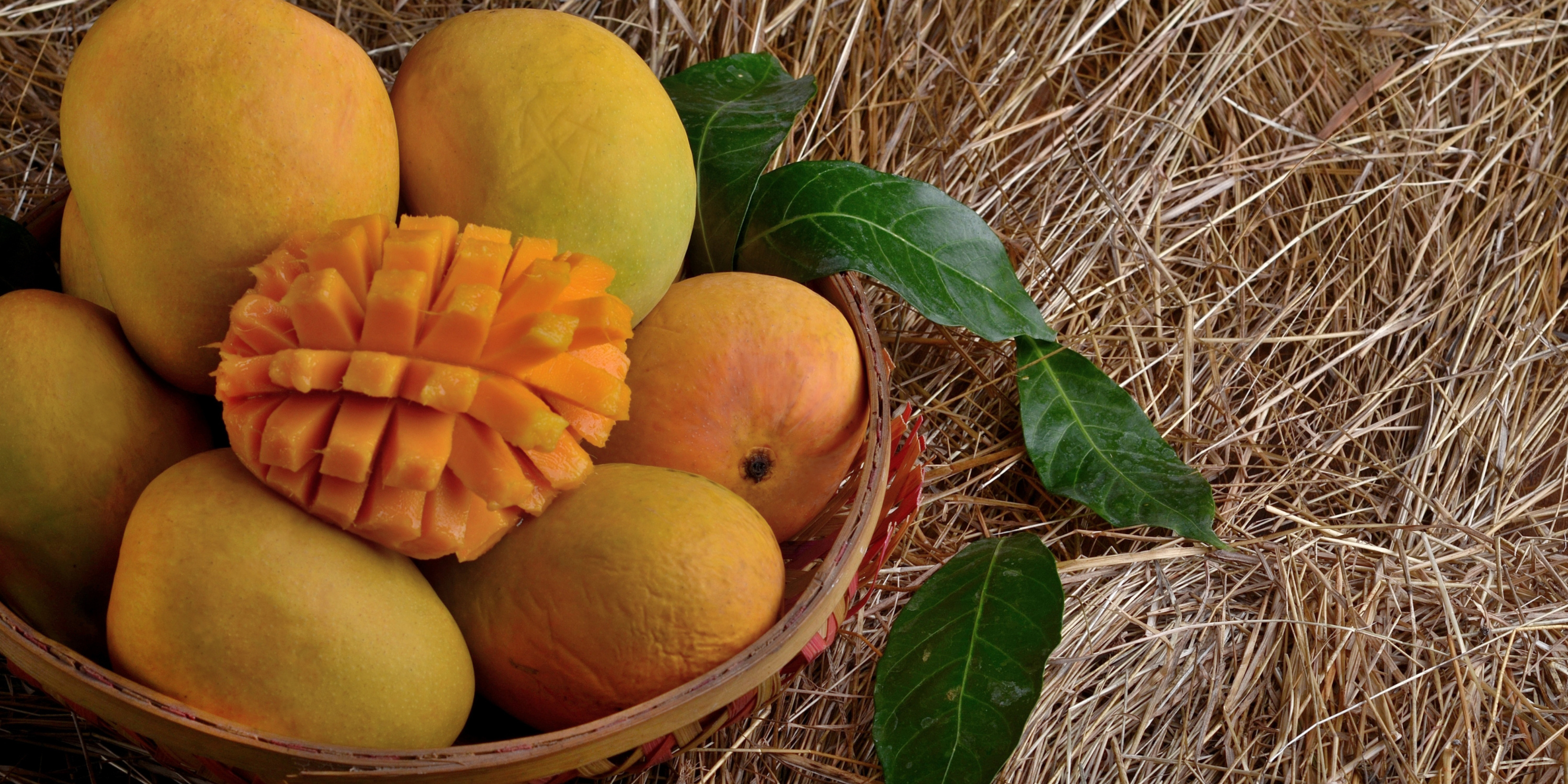 A Basket of Mangoes on a haystack